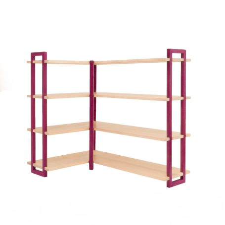 Shelving, Sycamore/Purpleheart A modern, wooden shelving unit with purple supports and multiple shelves.